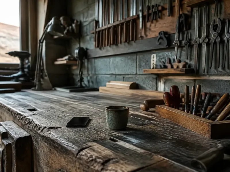 Atelier d’artisan en fin de journée, outils rangés sur l’établi et téléphone posé