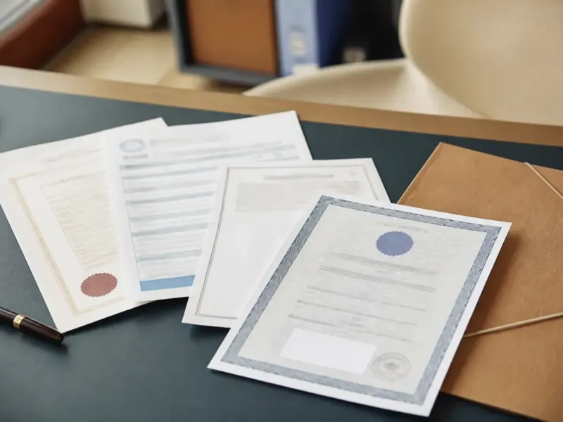 Documents d’entreprise et attestations posés sur un bureau d’agence