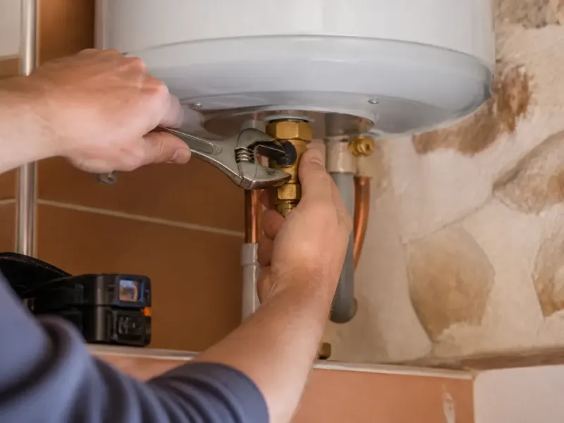 Chauffe-eau installé dans un cellier, artisan vérifiant un raccordement