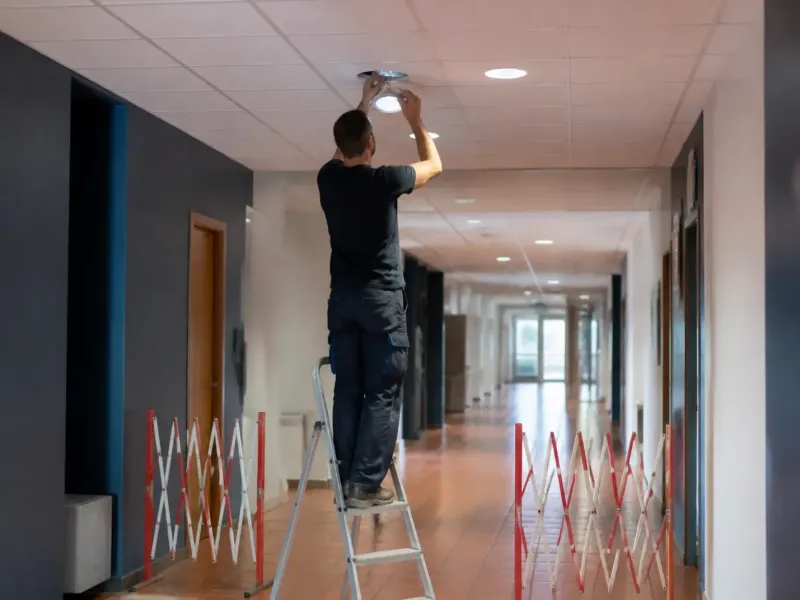Artisan intervenant dans le couloir d’un bâtiment administratif, zone balisée