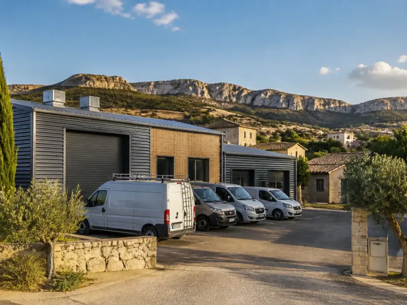 Zone d’activité de Manosque avec ateliers d’artisans et collines provençales