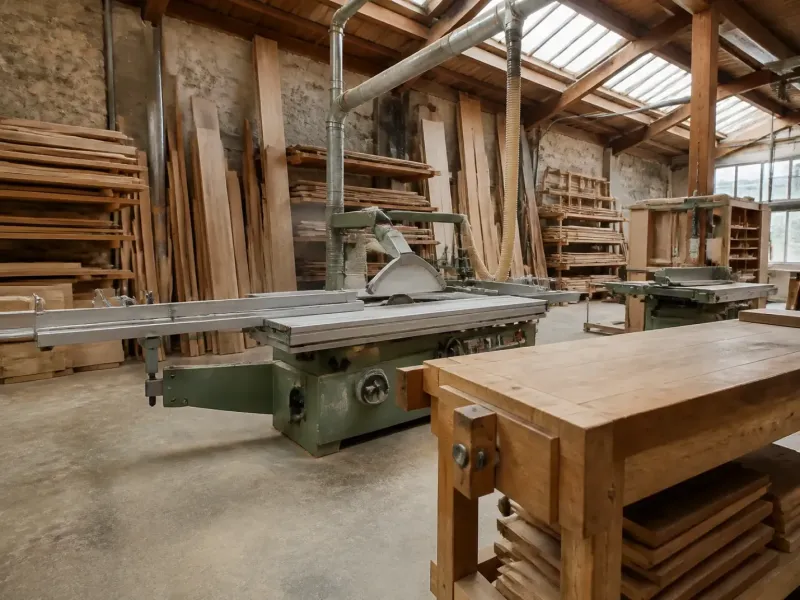 Atelier de menuiserie avec machines, stock de bois et établi
