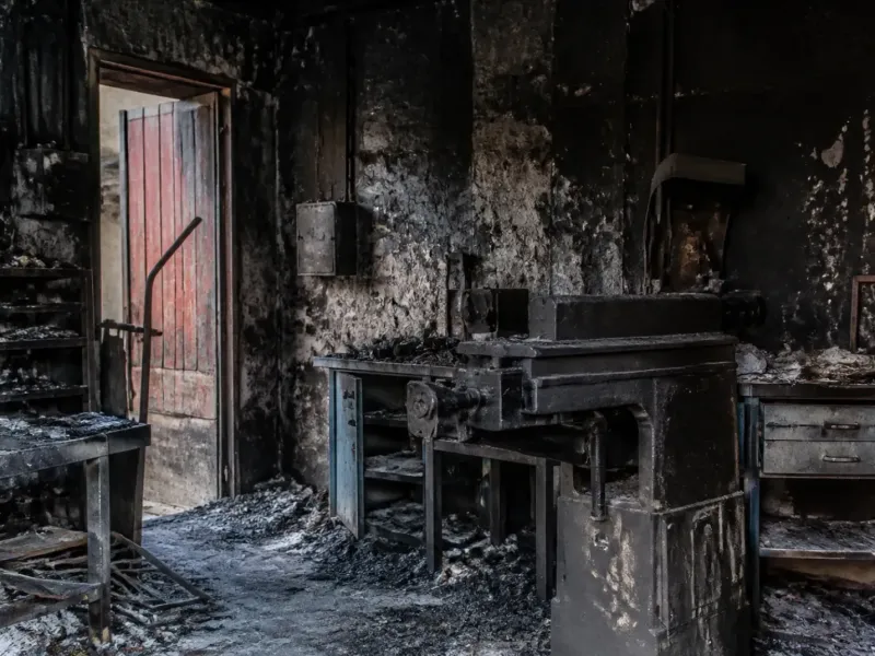 Atelier d’artisan endommagé par un incendie, machines noircies