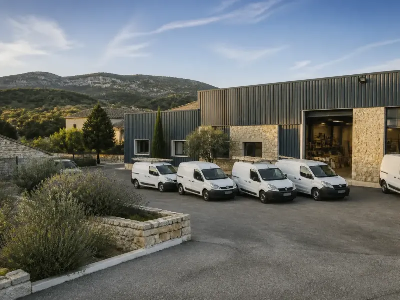 Bâtiment d’entreprise en zone d’activité près de Manosque, véhicules d’artisans garés