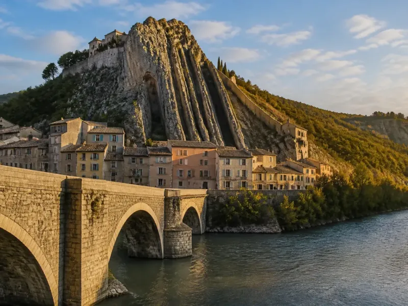 Pont sur la Durance à Sisteron et rochers de la Baume