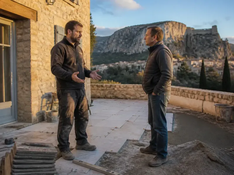 Artisan et client discutant d’un désaccord devant une terrasse en travaux