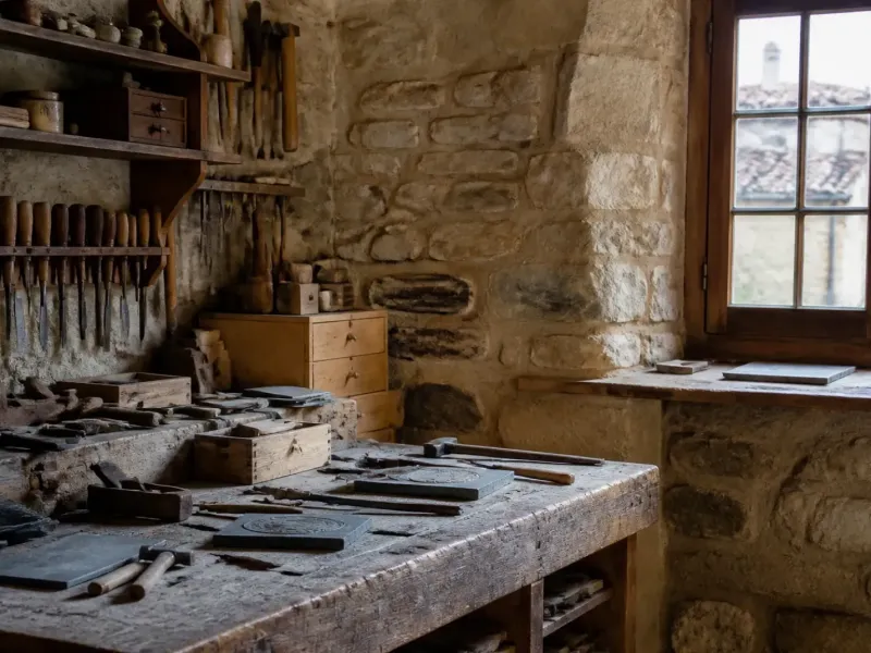 Atelier d’artisan dans un village, établi et outils à main dans la lumière naturelle