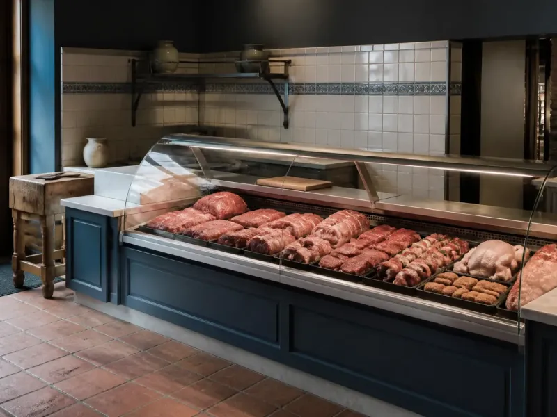 Boucherie artisanale de village avec vitrine réfrigérée et produits locaux