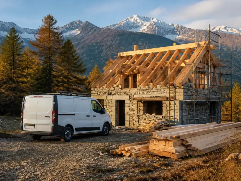 Utilitaire d’artisan garé devant un chalet en construction près de Gap