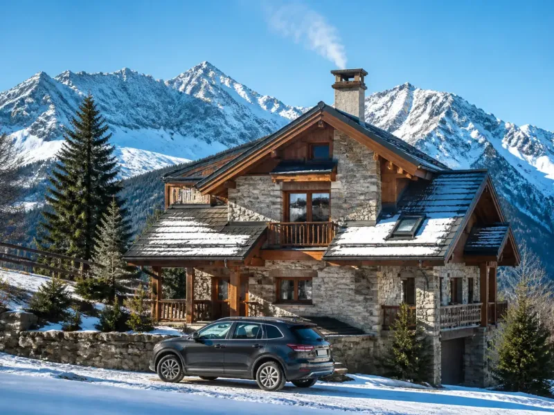 Maison familiale de montagne près de Gap, voiture garée devant, neige au sol