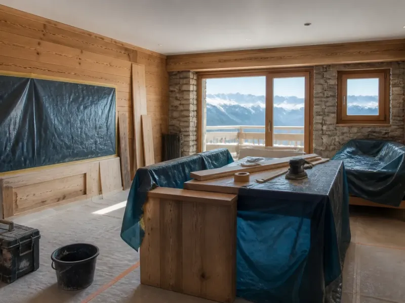 Intérieur d’un hébergement touristique de montagne en rénovation hors saison