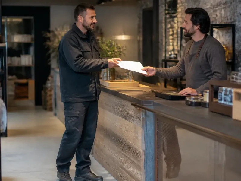 Artisan présentant une attestation d’assurance à un gérant de commerce