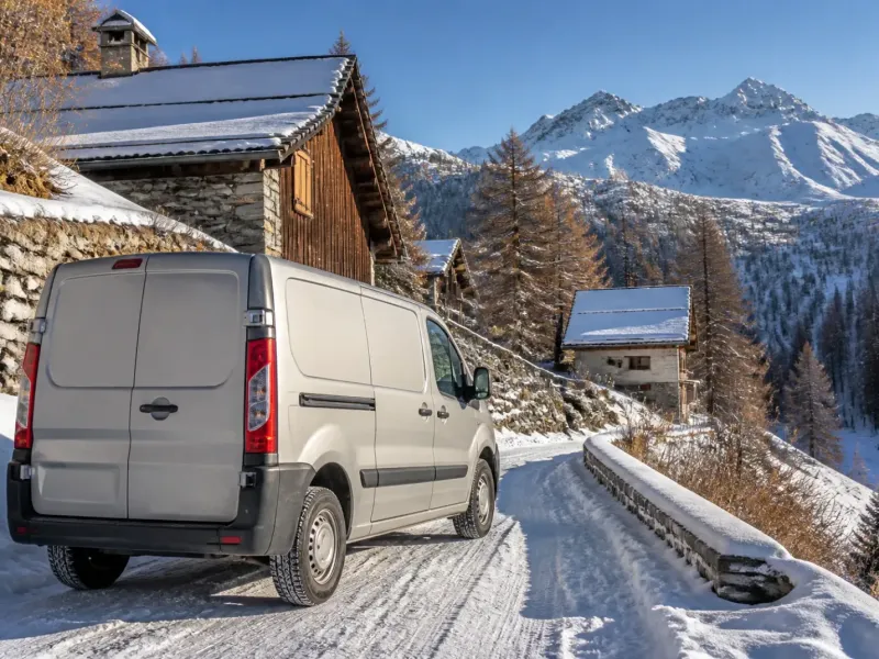 Utilitaire d’artisan équipé de pneus neige sur une route enneigée des Hautes-Alpes