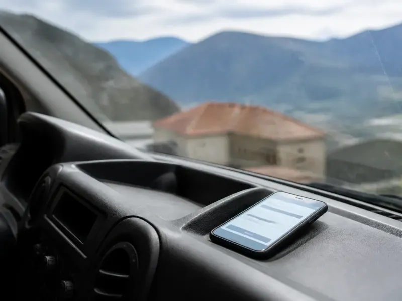 Téléphone affichant un formulaire de demande, posé sur le tableau de bord d’un utilitaire