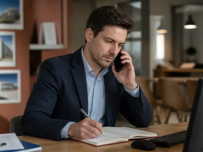 Conseiller au téléphone dans une agence d’assurance, carnet de notes ouvert